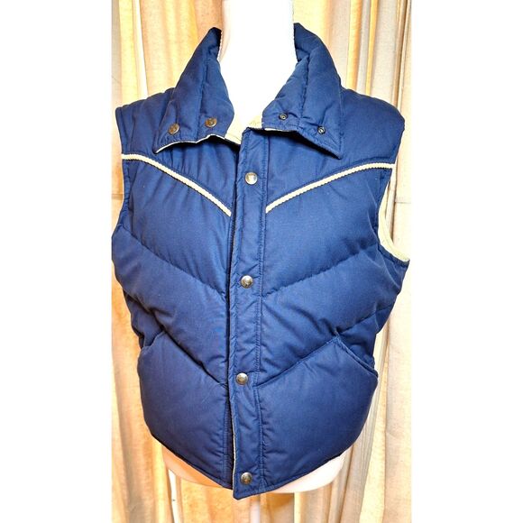 Vintage Blue Down Puffer Vest Multi Gear Silton Reversible Cream 70s Retro Sz M - Picture 1 of 15
